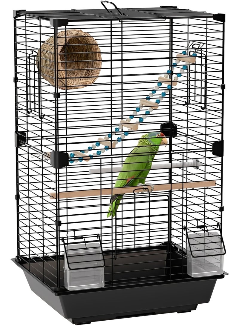Metal Bird Cage Complete Set with 6 Accessories, Small Birdcage for Parakeets Budgies Lovebirds Canaries and Finches, Portable Parrot Cage with Perches, Feeders, Ladder and Nest, Easy Clean, 37 × 28 × 63 cm, Black - Image 1